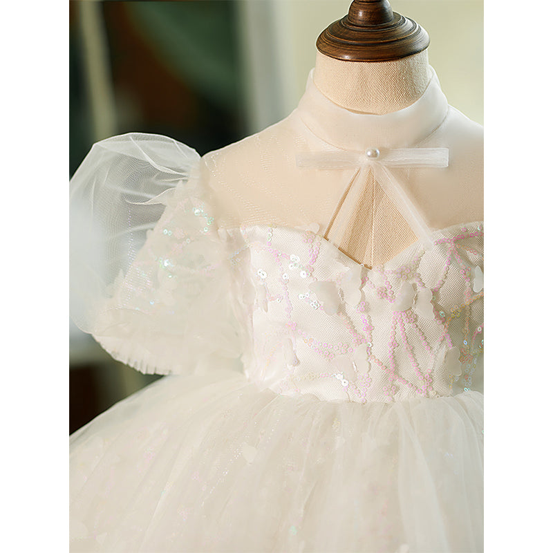 White Sequin Tulle Princess Flower Girl Dress Puff Sleeve