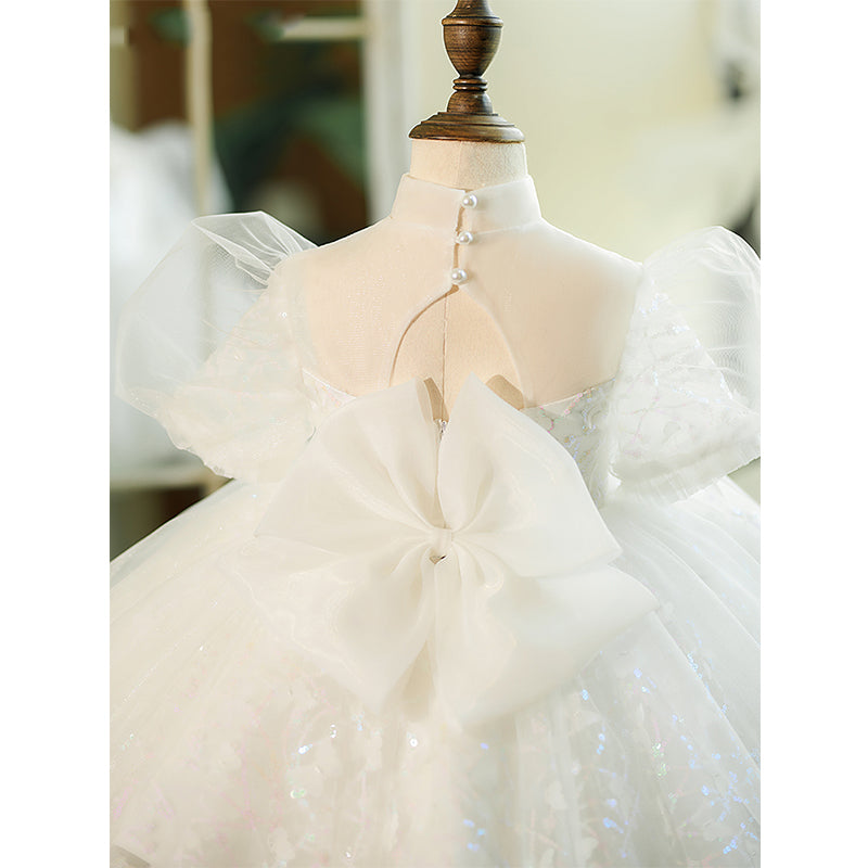 White Sequin Tulle Princess Flower Girl Dress Puff Sleeve