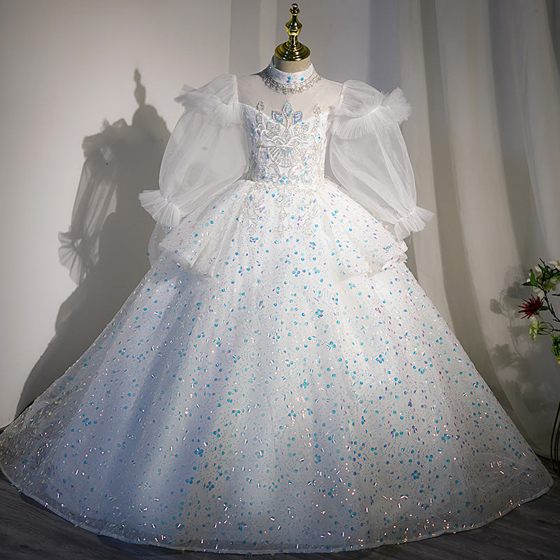White Sequined A-Line Flower Girl Dress - Puff Long Sleeves