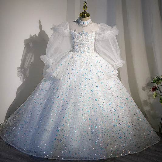 White Sequined A-Line Flower Girl Dress - Puff Long Sleeves