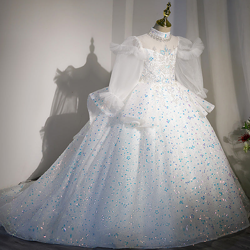 White Sequined A-Line Flower Girl Dress - Puff Long Sleeves