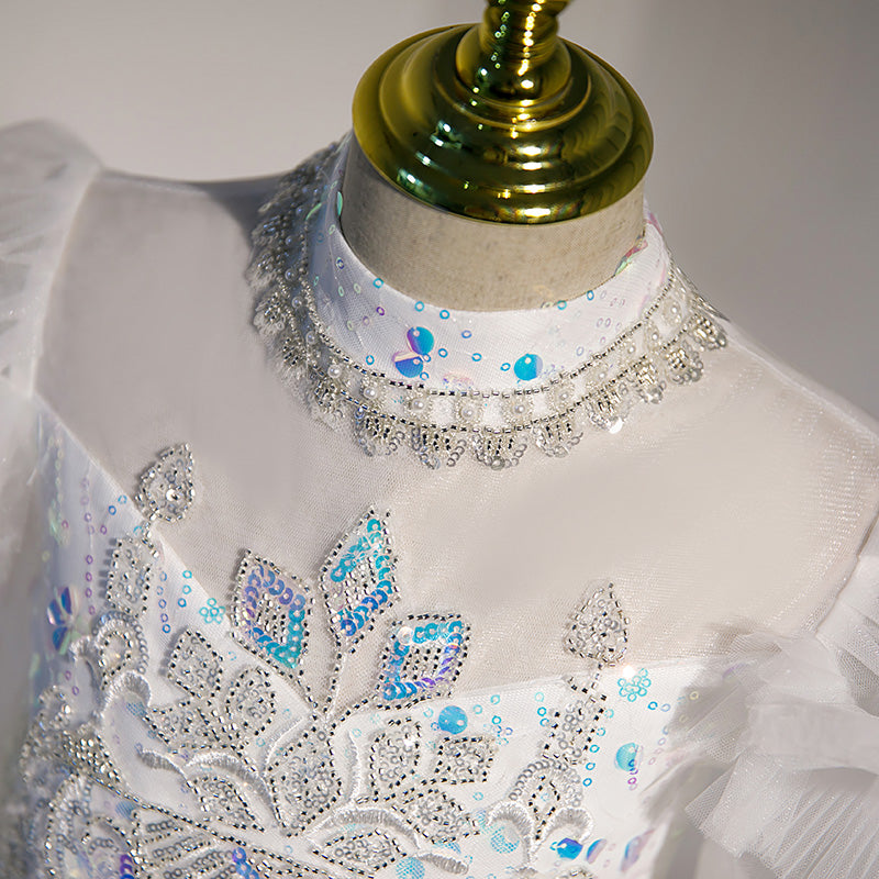 White Sequined A-Line Flower Girl Dress - Puff Long Sleeves