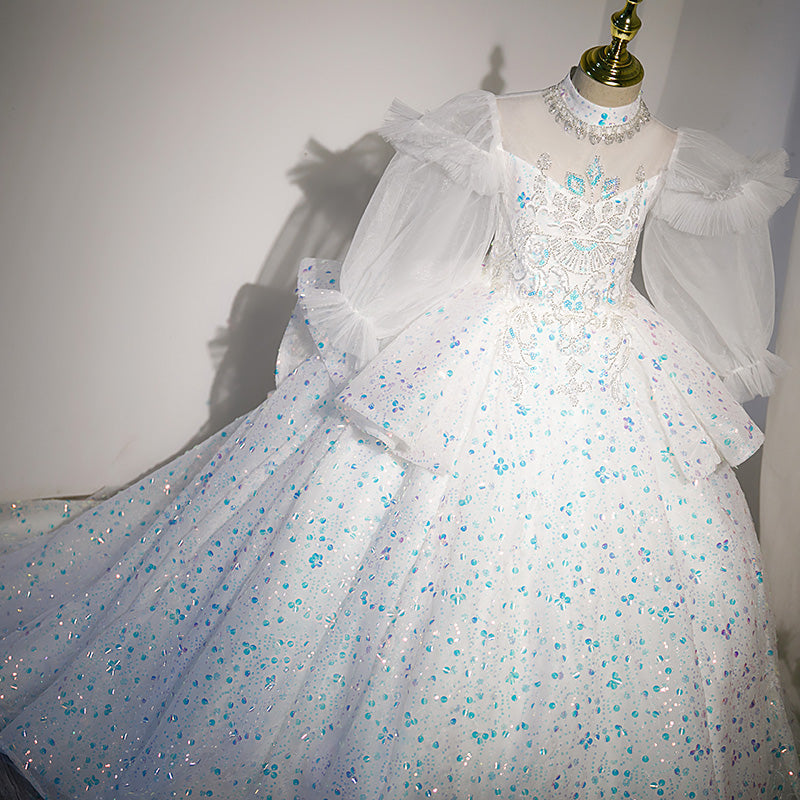White Sequined A-Line Flower Girl Dress - Puff Long Sleeves