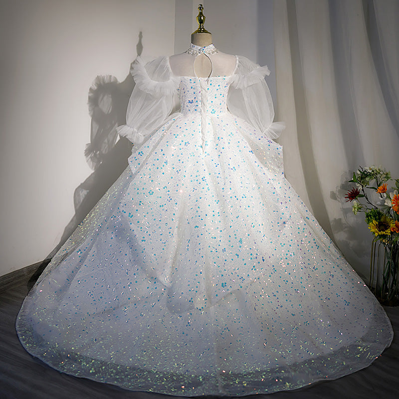 White Sequined A-Line Flower Girl Dress - Puff Long Sleeves