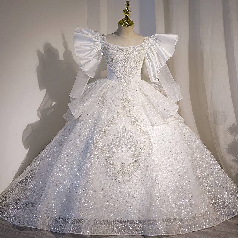 White Sequined A-Line Flower Girl Dress with Bell Sleeves