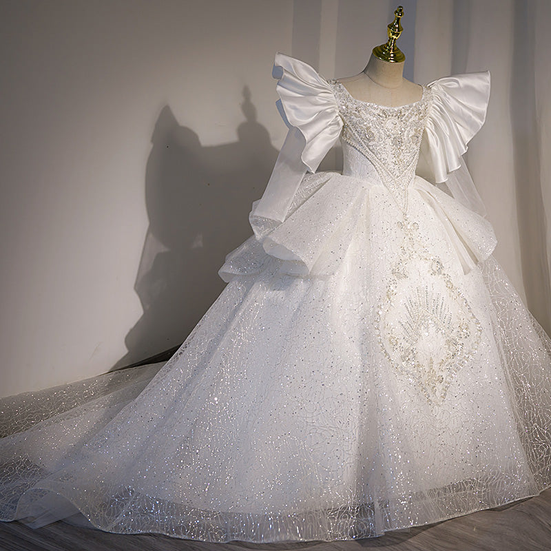 White Sequined A-Line Flower Girl Dress with Bell Sleeves