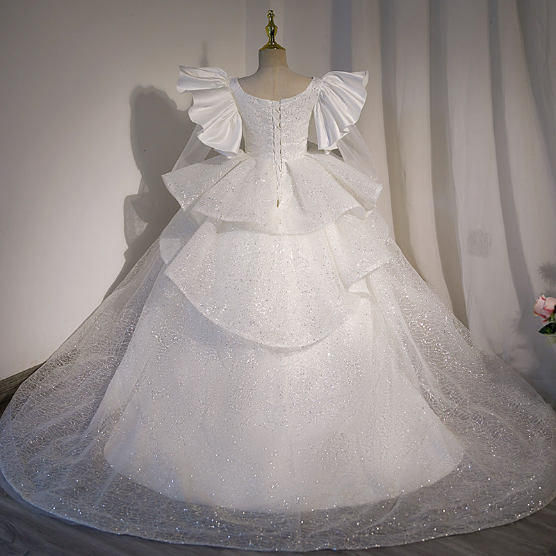 White Sequined A-Line Flower Girl Dress with Bell Sleeves