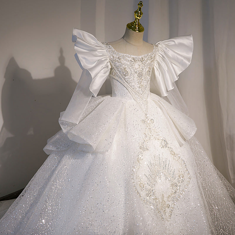 White Sequined A-Line Flower Girl Dress with Bell Sleeves