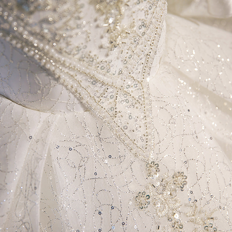 White Sequined A-Line Flower Girl Dress with Bell Sleeves