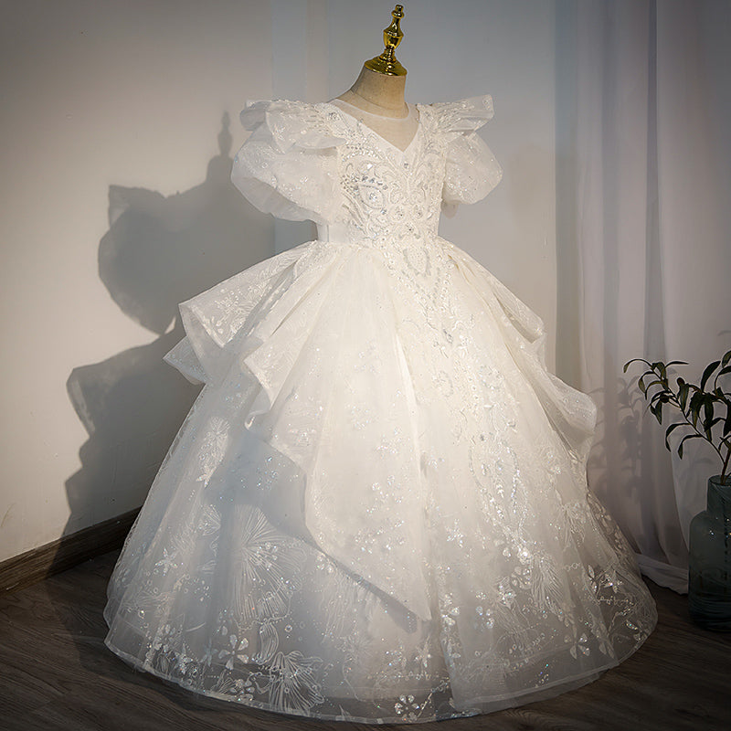 White Sequined A-Line Flower Girl Dress with Puff Sleeves
