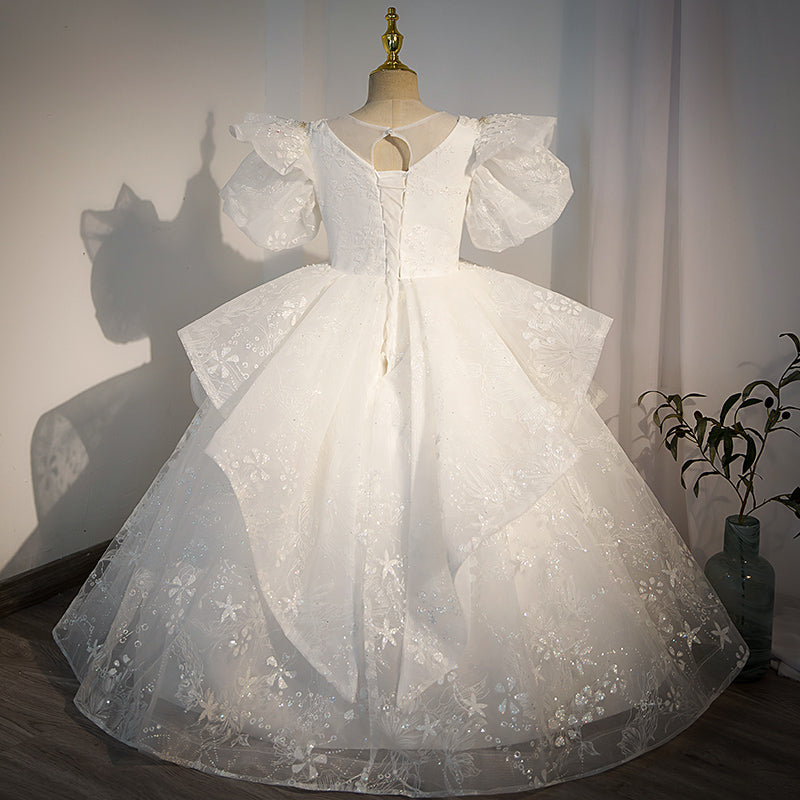 White Sequined A-Line Flower Girl Dress with Puff Sleeves