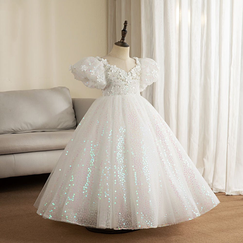 White Sequined A-Line Flower Girl Dress with Puff Sleeves