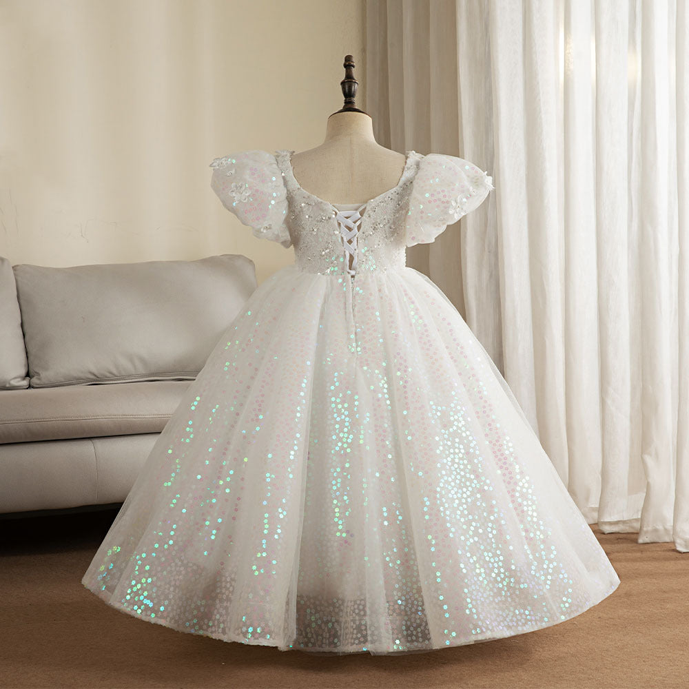 White Sequined A-Line Flower Girl Dress with Puff Sleeves