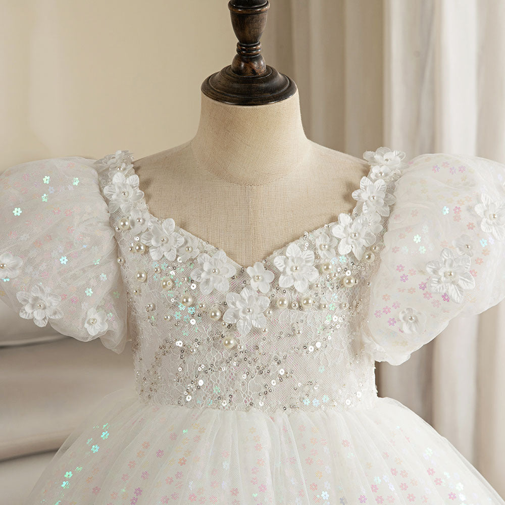 White Sequined A-Line Flower Girl Dress with Puff Sleeves
