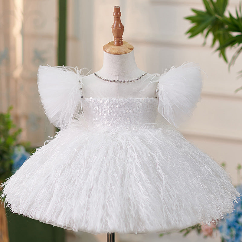 White Sequined Ball Gown Flower Girl Dress with Fringe – Knee Length Formal Dress for Special Occasions