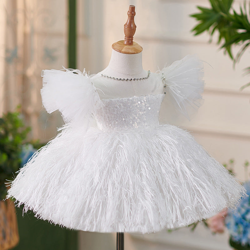 White Sequined Ball Gown Flower Girl Dress with Fringe – Knee Length Formal Dress for Special Occasions