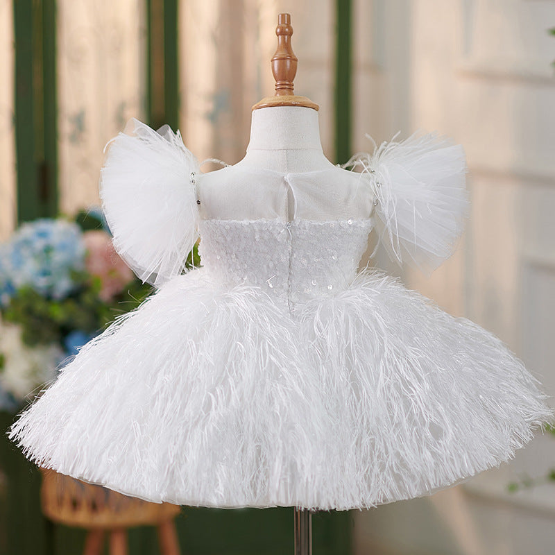 White Sequined Ball Gown Flower Girl Dress with Fringe – Knee Length Formal Dress for Special Occasions