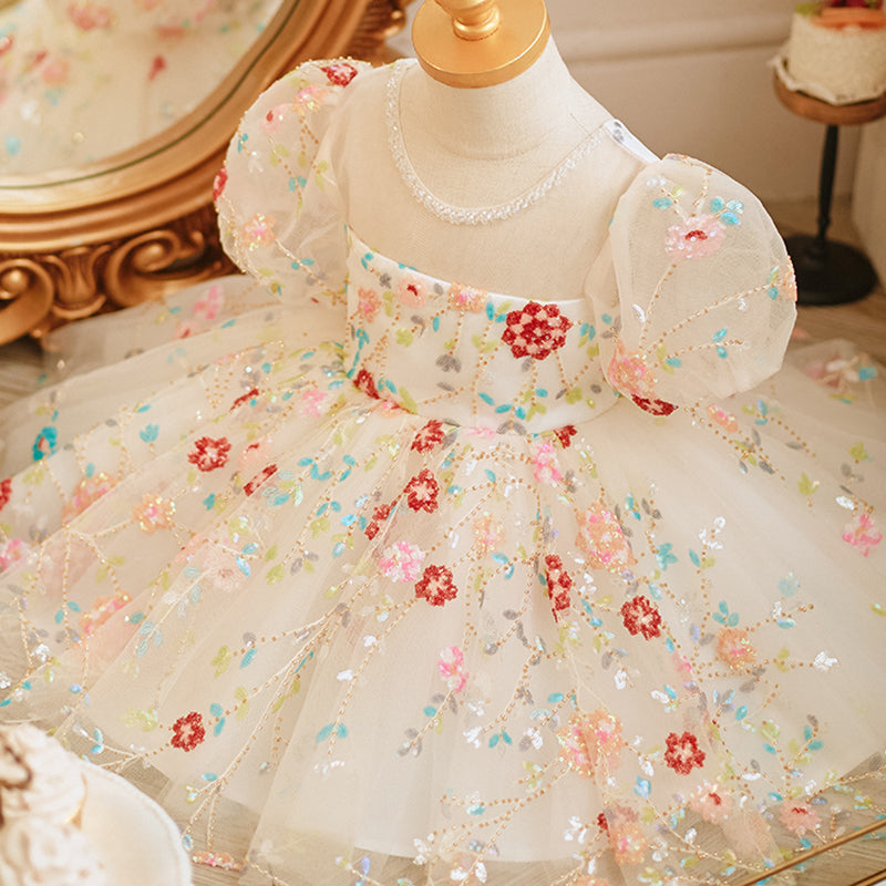 White Sequined Ball Gown Dress for Girls with Beaded Embellishments | Special Occasion and Party Wear