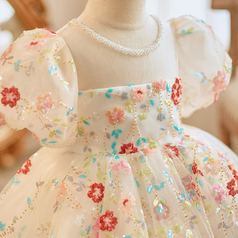 White Sequined Ball Gown Dress for Girls with Beaded Embellishments | Special Occasion and Party Wear