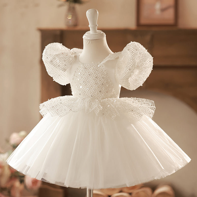 White Sequined Tulle Princess Dress for Girls | Knee-Length Special Occasion Dress