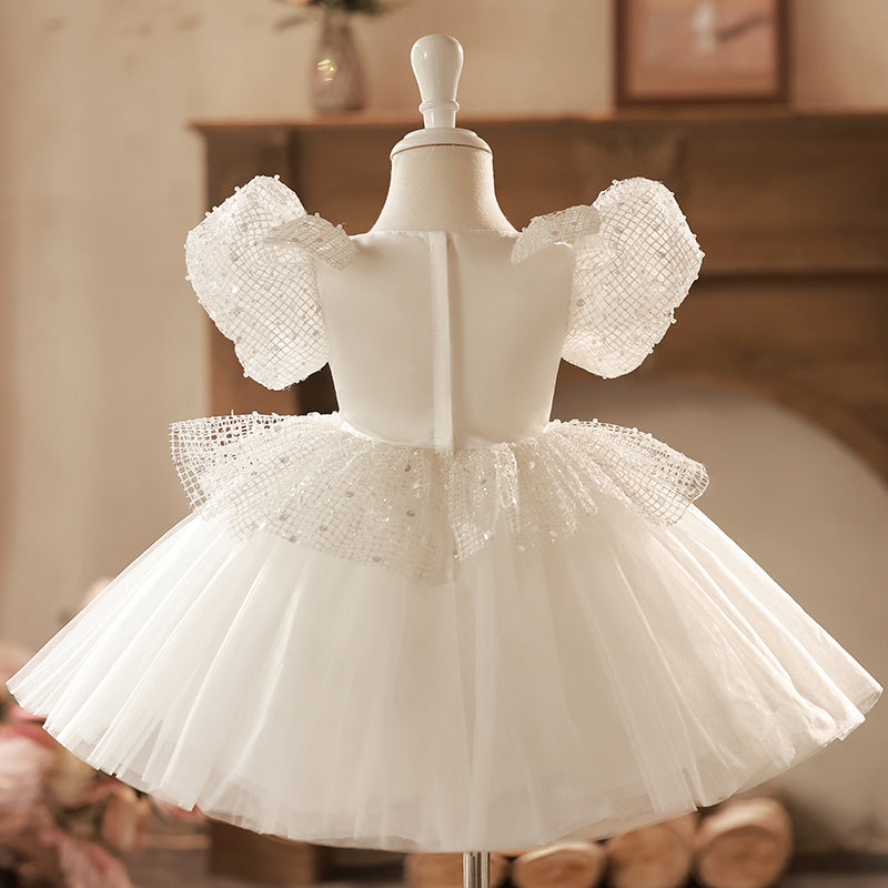 White Sequined Tulle Princess Dress for Girls | Knee-Length Special Occasion Dress