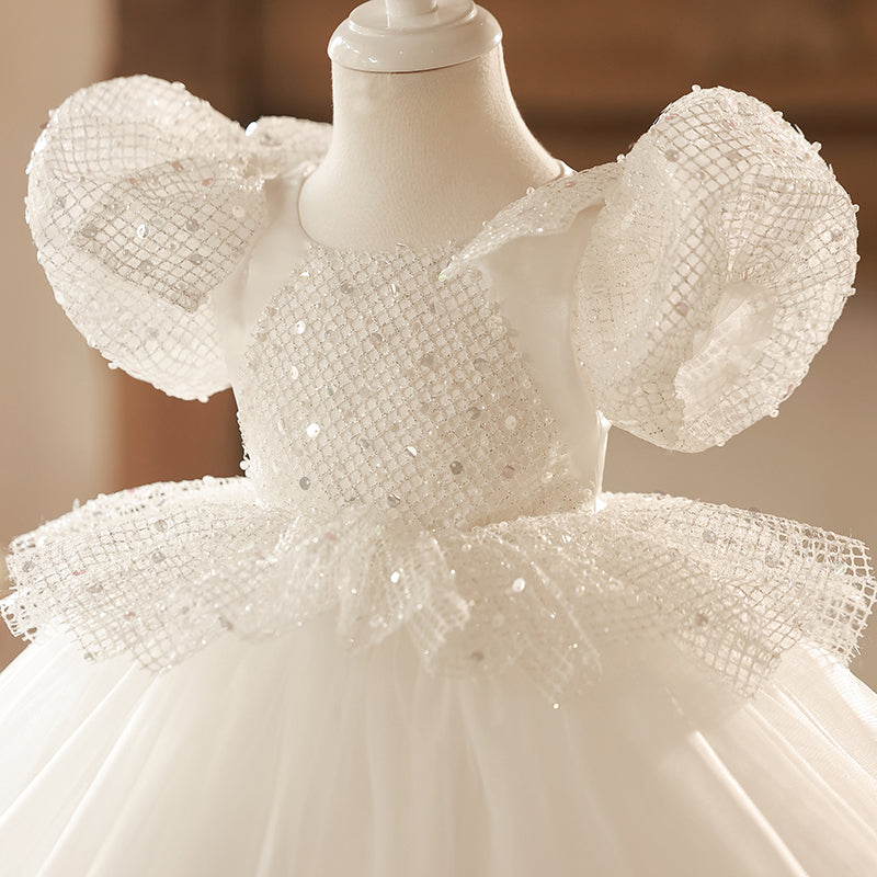 White Sequined Tulle Princess Dress for Girls | Knee-Length Special Occasion Dress