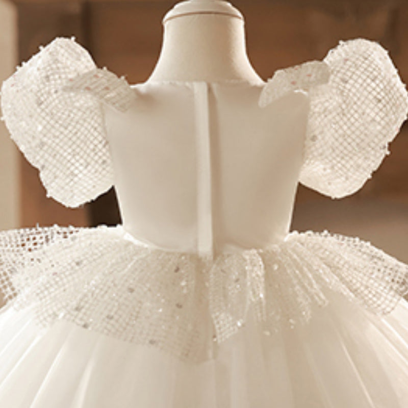 White Sequined Tulle Princess Dress for Girls | Knee-Length Special Occasion Dress