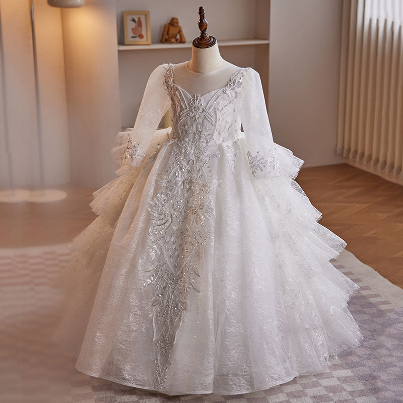White Princess Sequined Dress with V-Neck & Long Sleeves for Girls | Special Occasion Floor-Length Gown