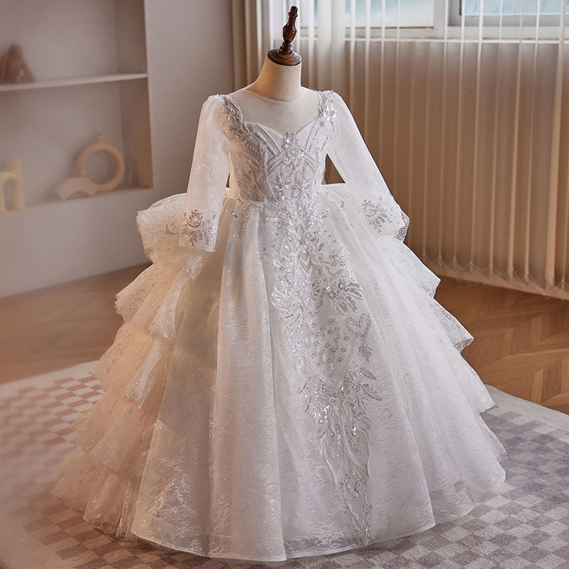 White Princess Sequined Dress with V-Neck & Long Sleeves for Girls | Special Occasion Floor-Length Gown