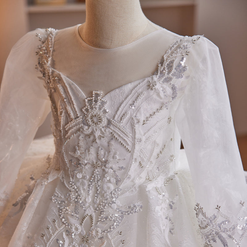 White Princess Sequined Dress with V-Neck & Long Sleeves for Girls | Special Occasion Floor-Length Gown