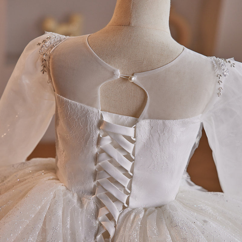 White Princess Sequined Dress with V-Neck & Long Sleeves for Girls | Special Occasion Floor-Length Gown