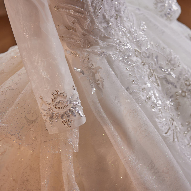 White Princess Sequined Dress with V-Neck & Long Sleeves for Girls | Special Occasion Floor-Length Gown