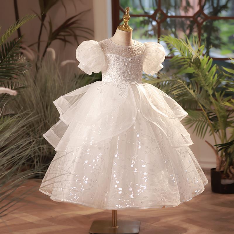 Girls' White Princess Floor-Length Dress with Sequins and Tulle | Special Occasion & Party Dress