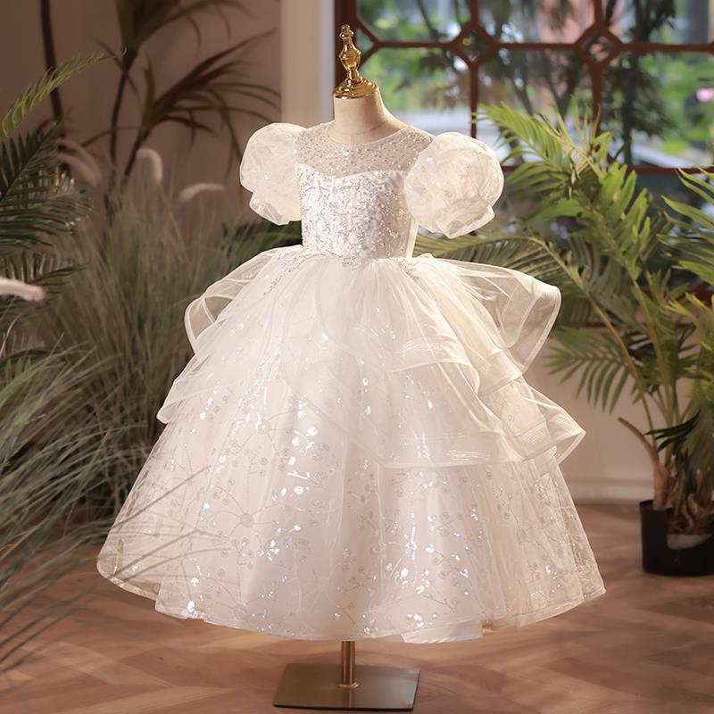Girls' White Princess Floor-Length Dress with Sequins and Tulle | Special Occasion & Party Dress