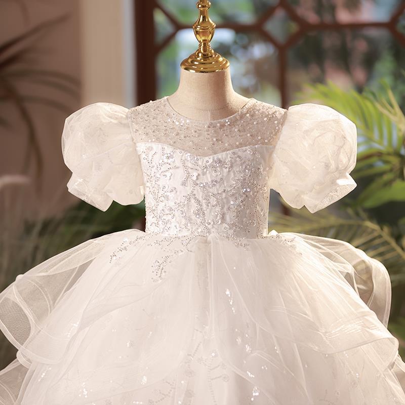 Girls' White Princess Floor-Length Dress with Sequins and Tulle | Special Occasion & Party Dress