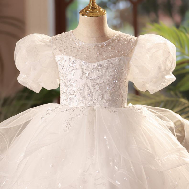 Girls' White Princess Floor-Length Dress with Sequins and Tulle | Special Occasion & Party Dress