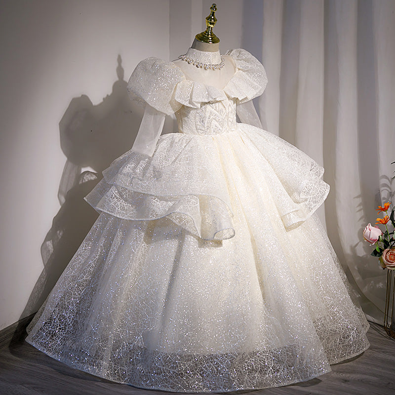 White Sequined Princess Flower Girl Dress - Puff Long Sleeves