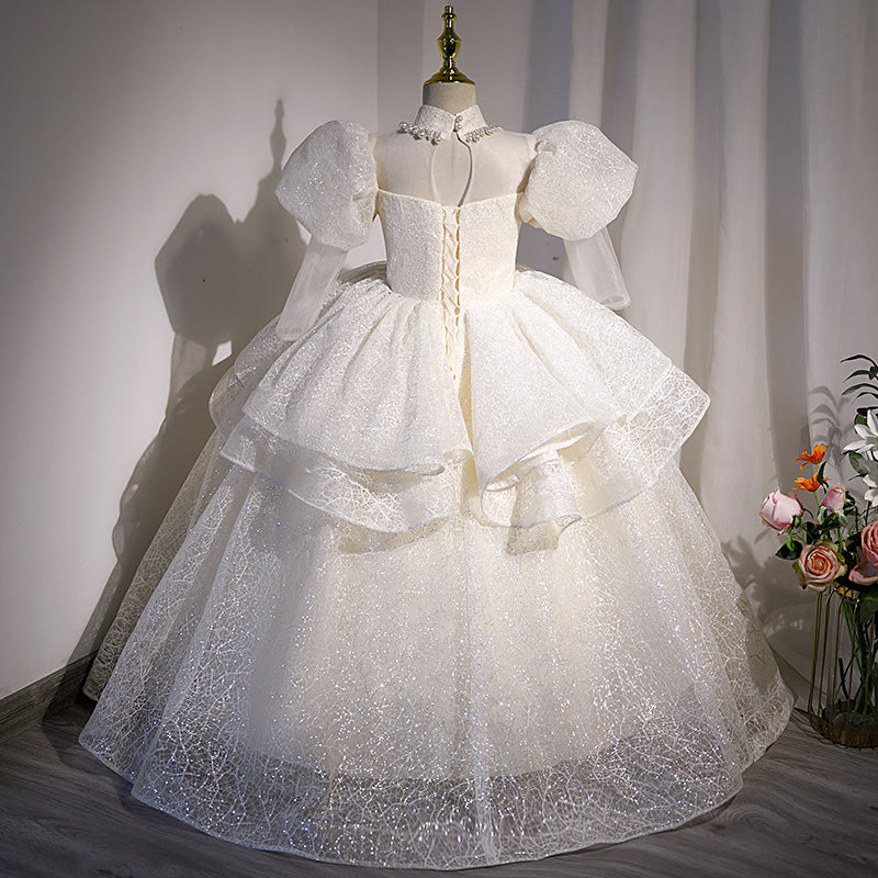 White Sequined Princess Flower Girl Dress - Puff Long Sleeves