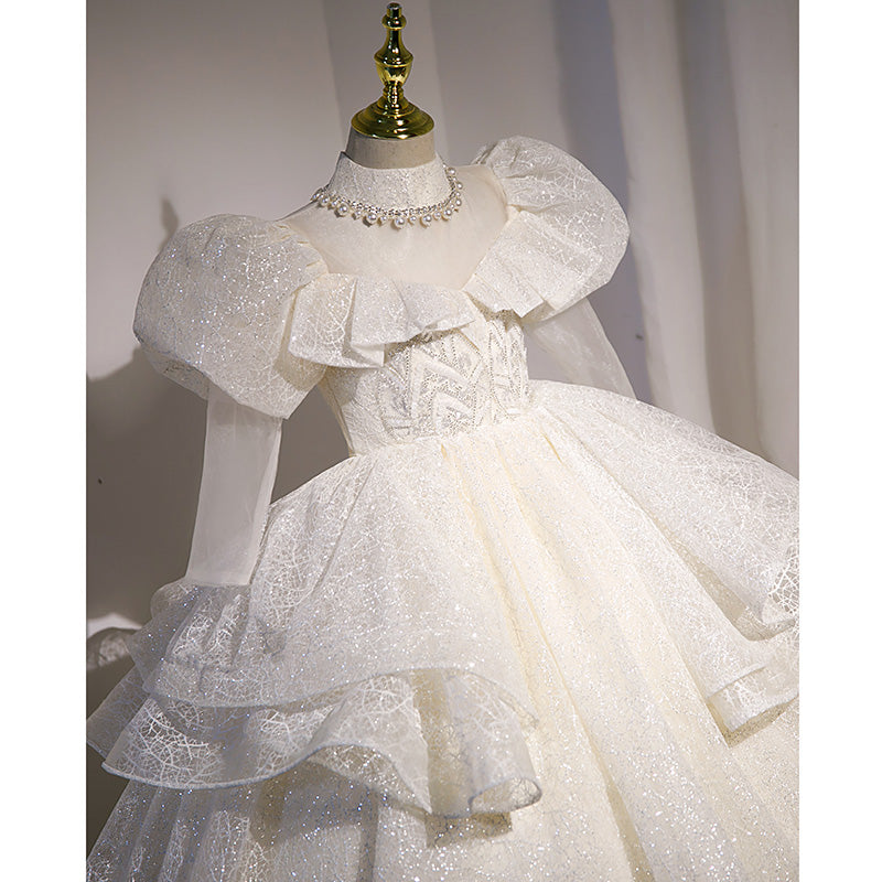 White Sequined Princess Flower Girl Dress - Puff Long Sleeves