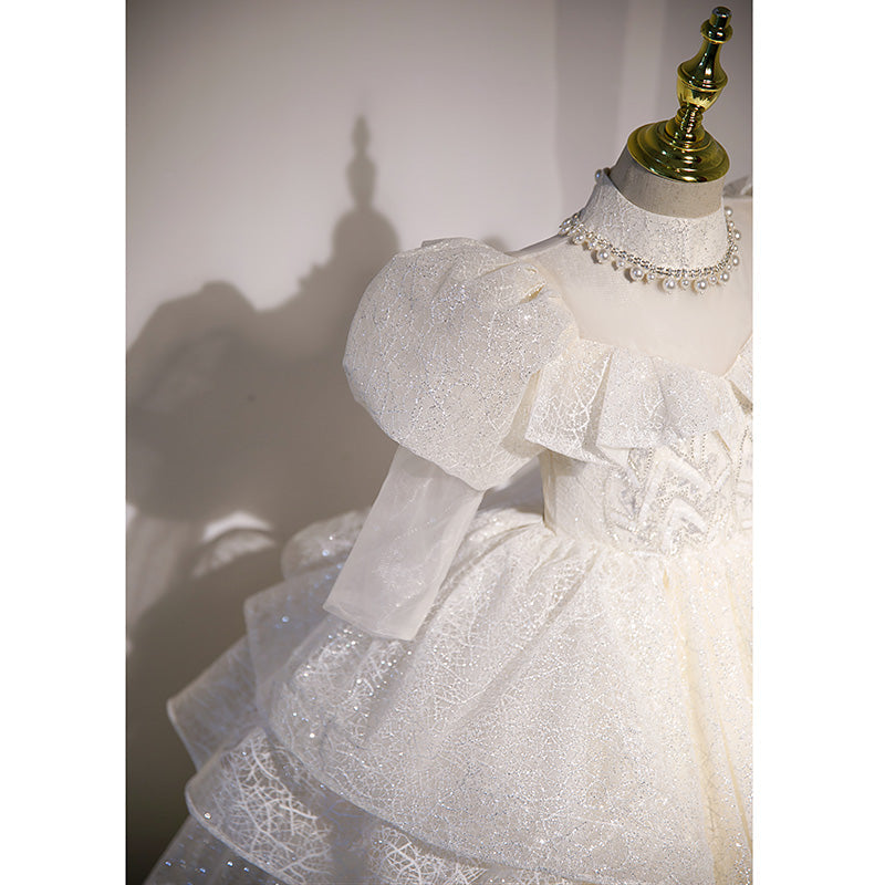 White Sequined Princess Flower Girl Dress - Puff Long Sleeves
