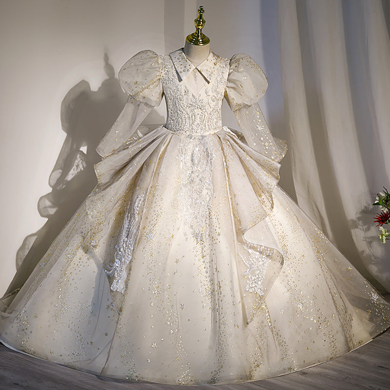 white and gold flower girl dress Lorraine Premium Girls Dress - Champagne