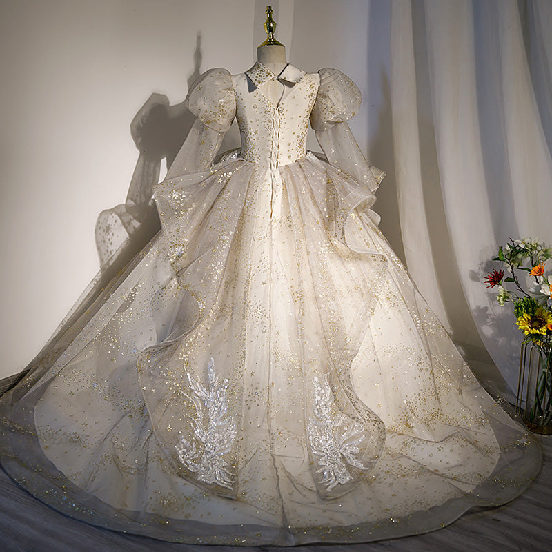 White Sequined Princess Flower Girl Dress for Special Occasions | Girls 3-12Y