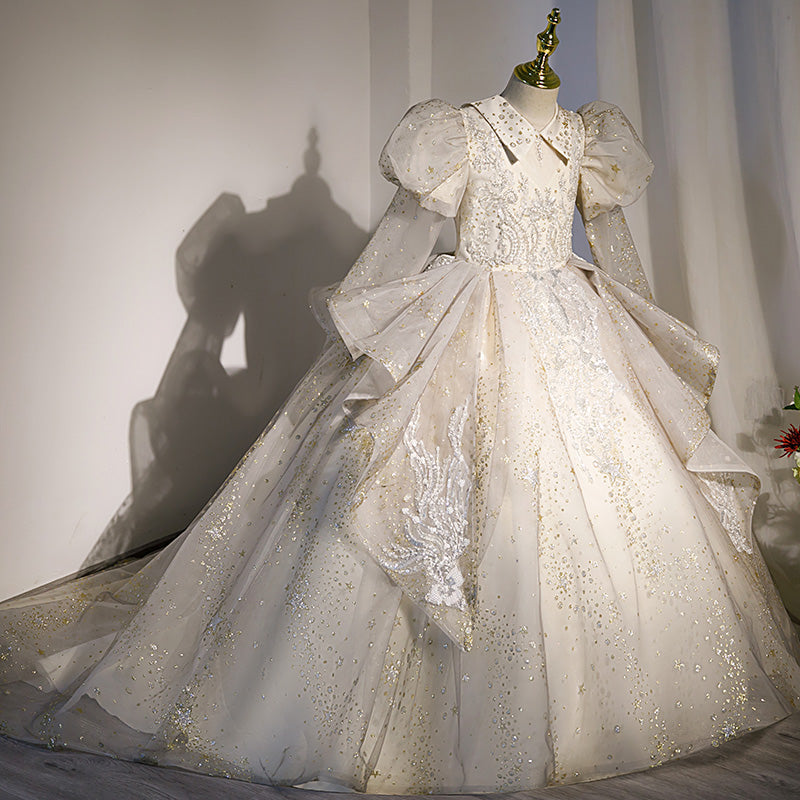 White Sequined Princess Flower Girl Dress for Special Occasions | Girls 3-12Y