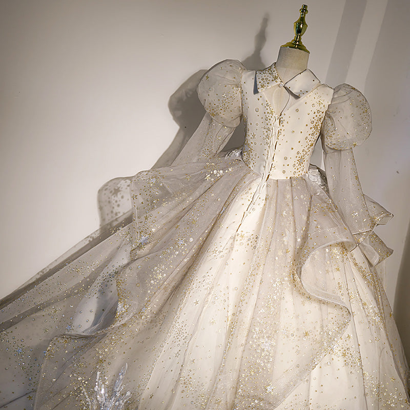 White Sequined Princess Flower Girl Dress for Special Occasions | Girls 3-12Y