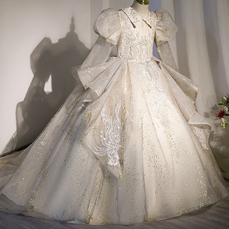 White Sequined Princess Flower Girl Dress for Special Occasions | Girls 3-12Y