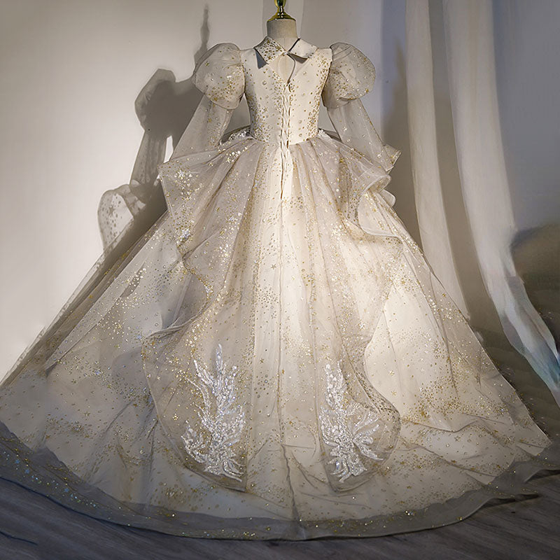 White Sequined Princess Flower Girl Dress for Special Occasions | Girls 3-12Y