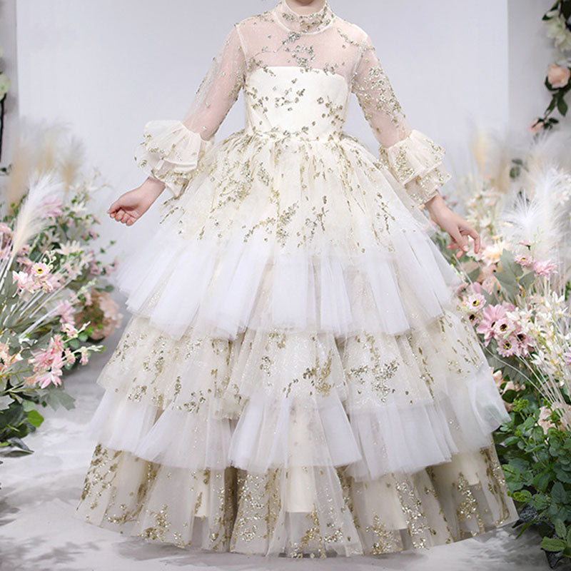 White Sequined Tulle A-Line Flower Girl Dress Bell Sleeve
