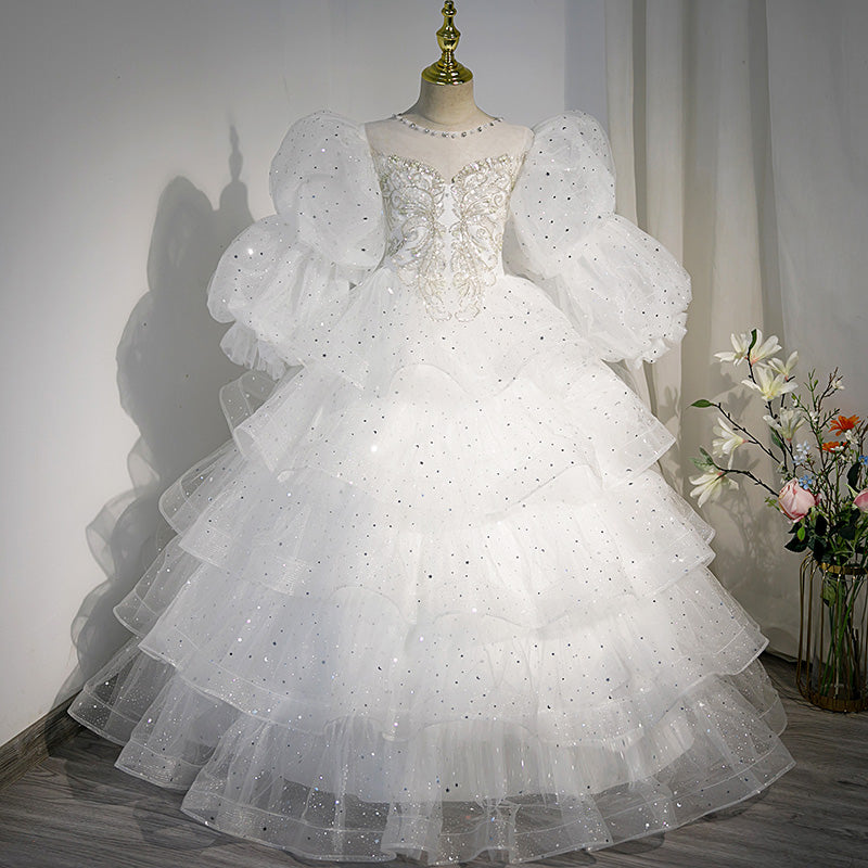 White Tulle & Sequined A-Line Flower Girl Dress - Puff Sleeves