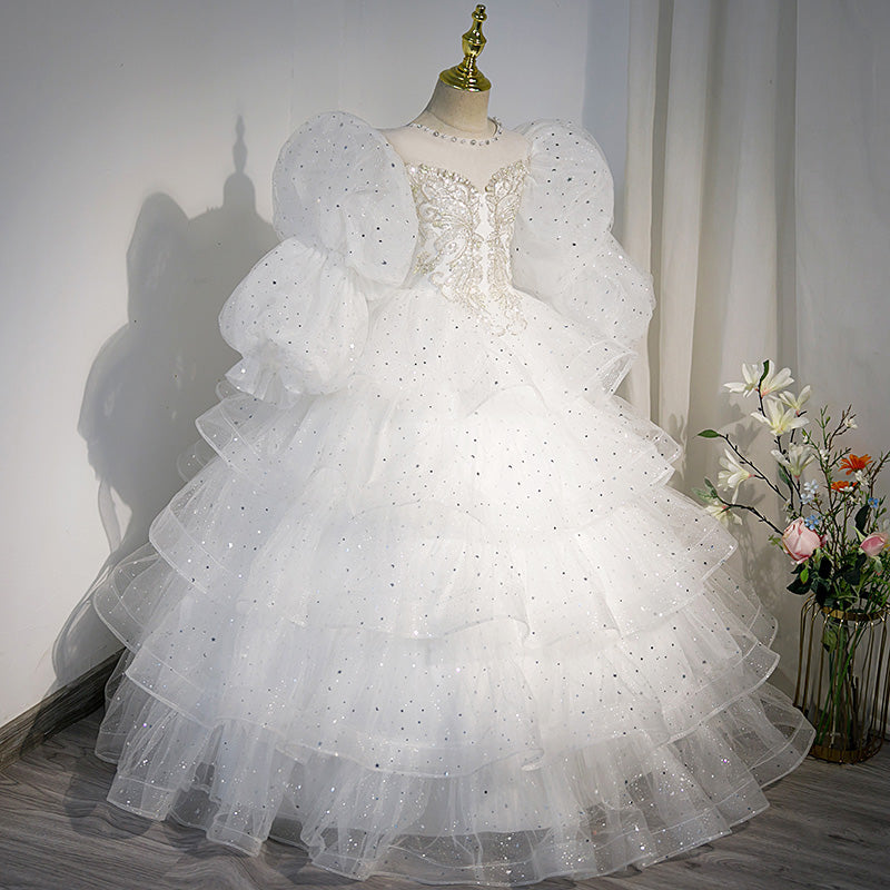 White Tulle & Sequined A-Line Flower Girl Dress - Puff Sleeves