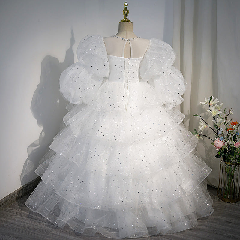 White Tulle & Sequined A-Line Flower Girl Dress - Puff Sleeves